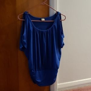 Blue knit cold shoulder top
